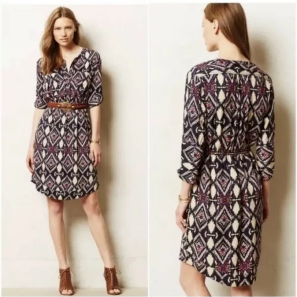 Anthropologie Black and Cream Patterned Dress